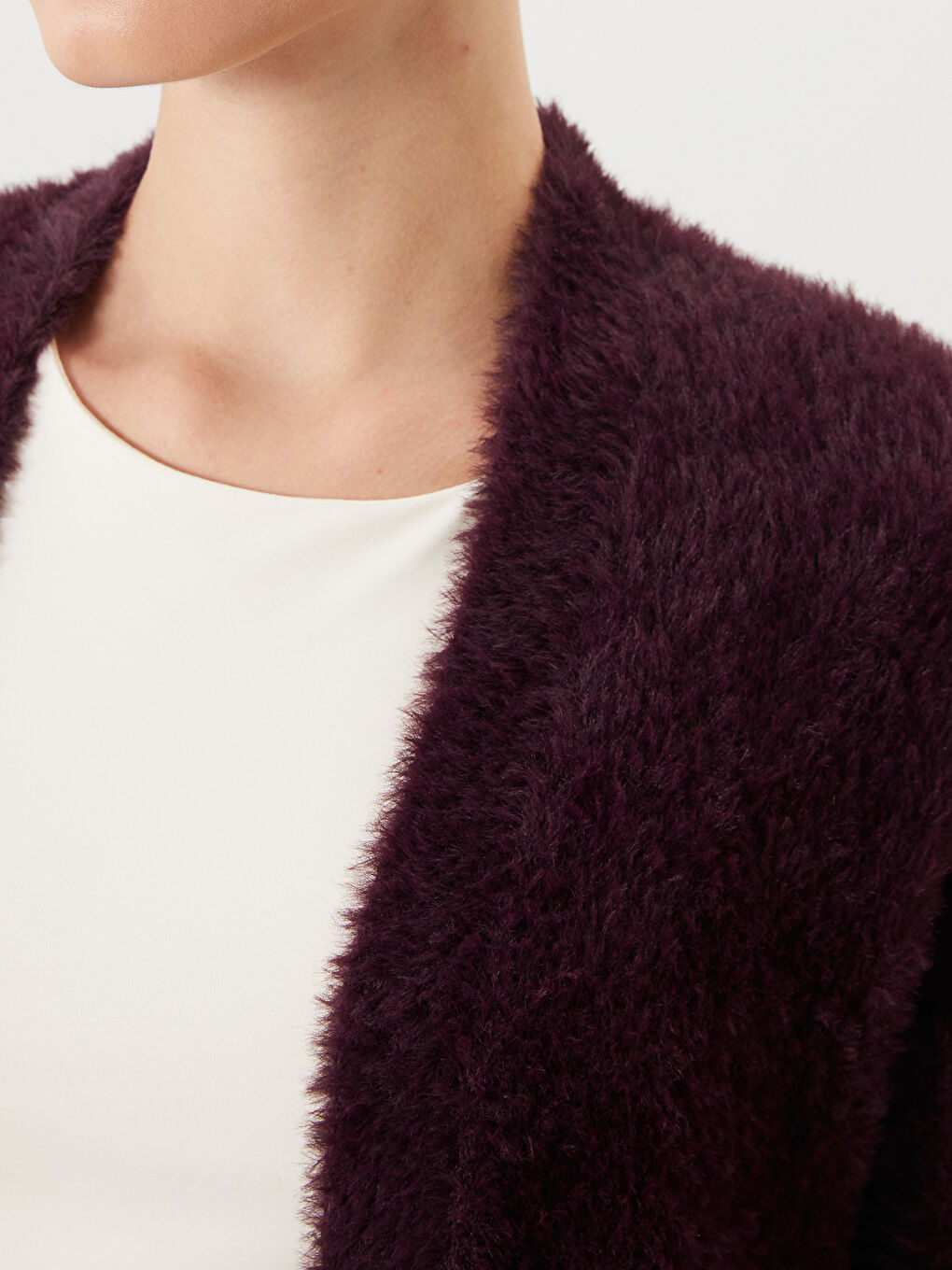 Mürdüm Şal Yaka Kadın Pelüş Triko Hırka-4