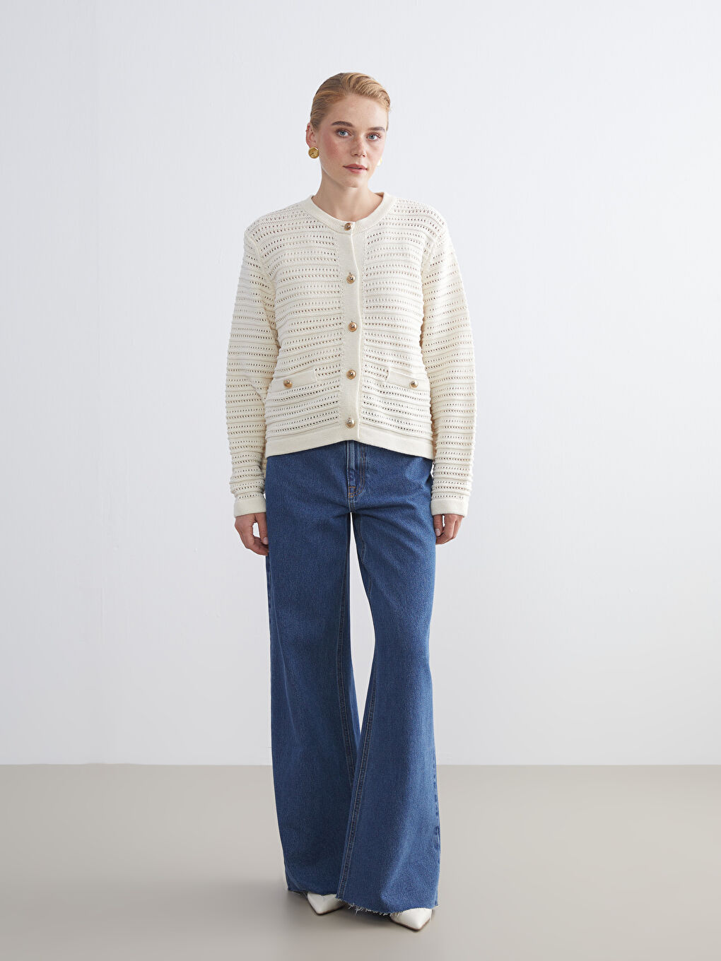 Crew Neck Hole-Knitted Women's Knitwear Cardigan-1