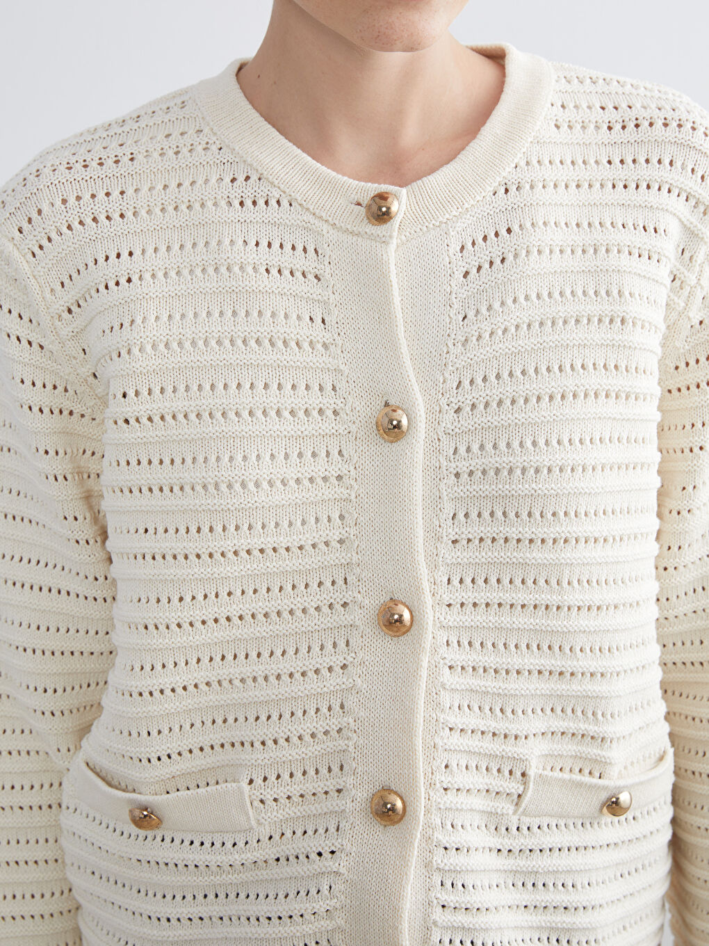 Crew Neck Hole-Knitted Women's Knitwear Cardigan-2