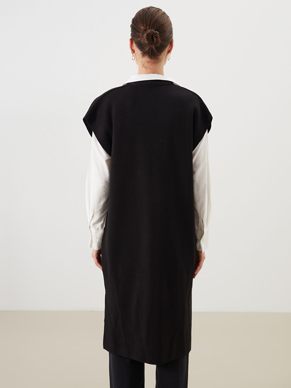 Siyah Şal Yaka Oversize Kadın Triko Yelek-4