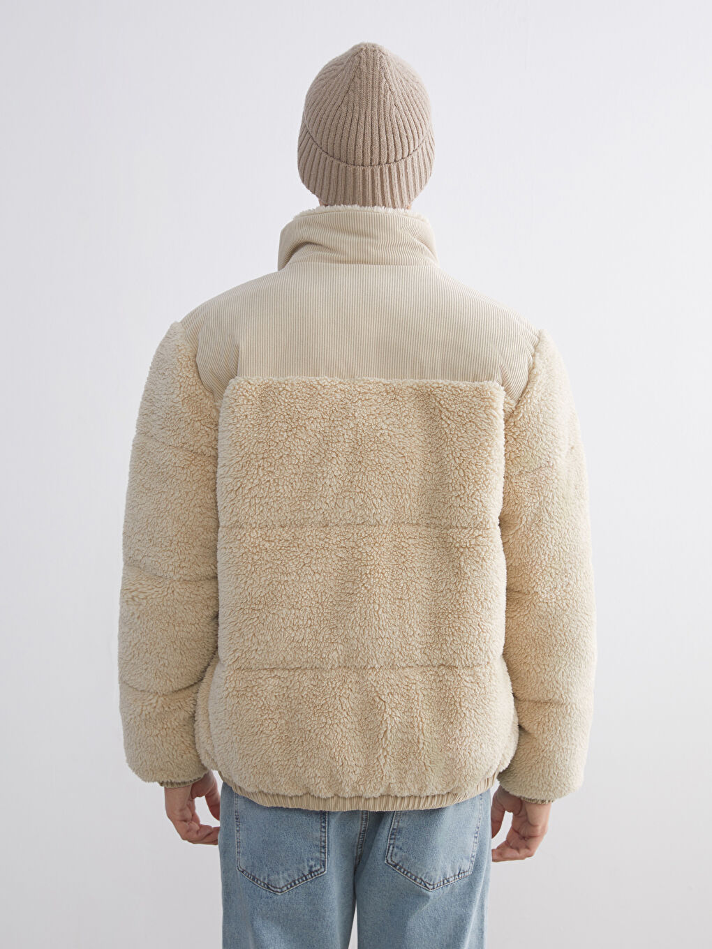 Bej Dik Yaka Erkek Pelüş Şişme Mont-4