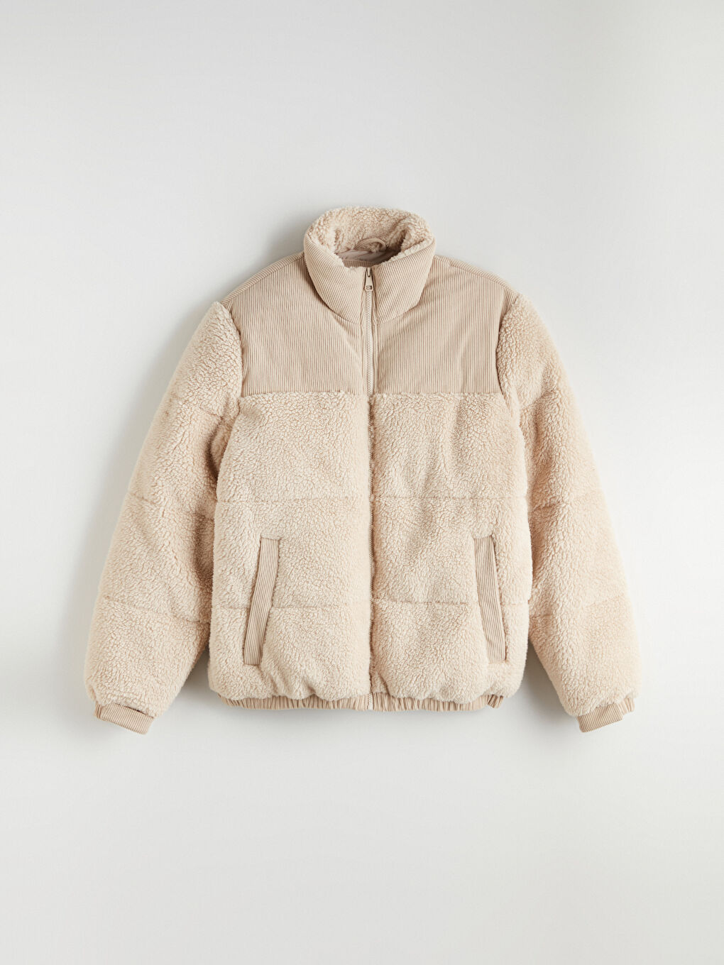 Bej Dik Yaka Erkek Pelüş Şişme Mont-5