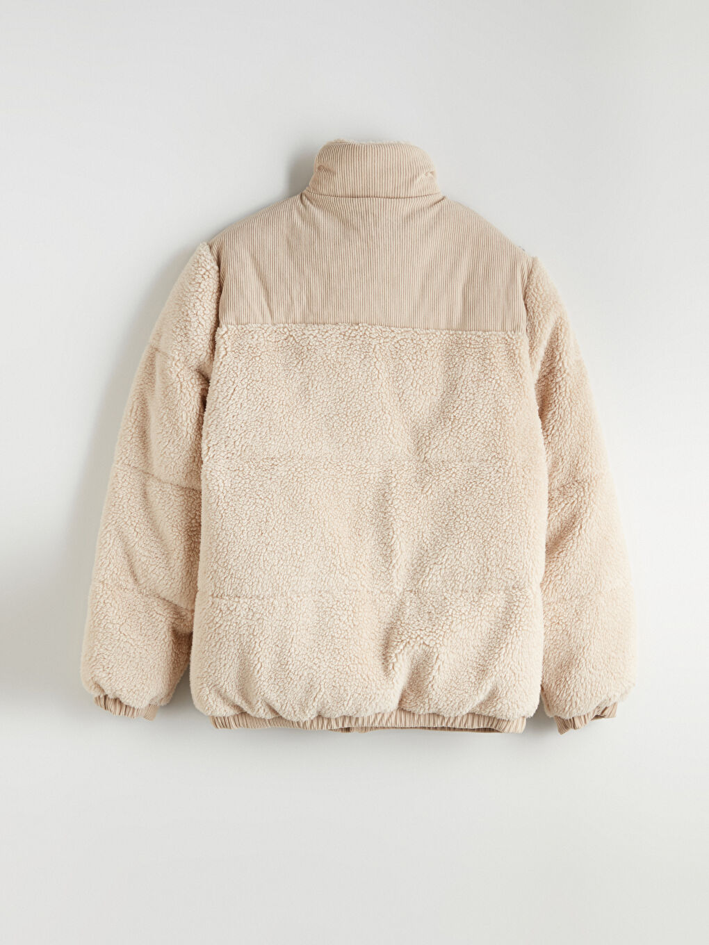 Bej Dik Yaka Erkek Pelüş Şişme Mont-7