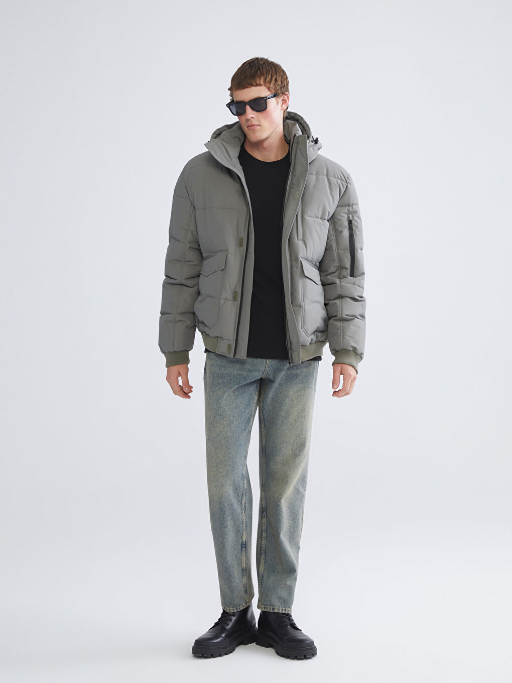 Haki Standart Kalıp Kapüşonlu Erkek Mont-1