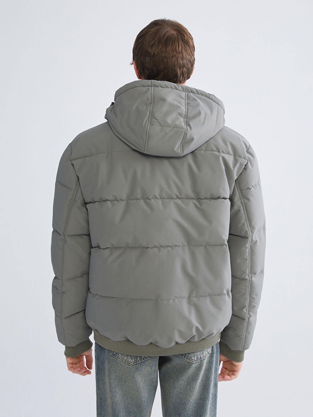 Haki Standart Kalıp Kapüşonlu Erkek Mont-4