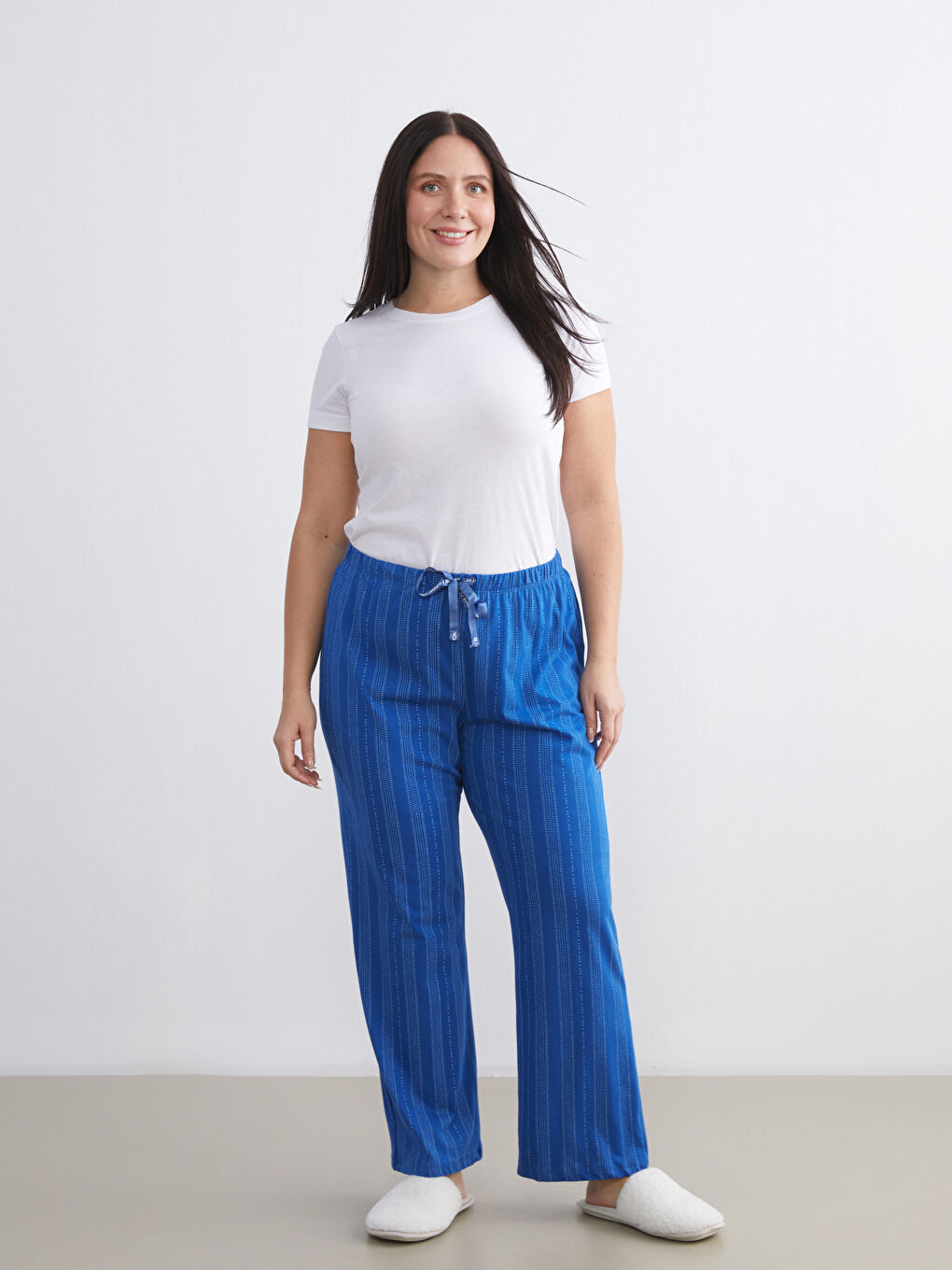 Mavi Büyük Beden Beli Lastikli Çizgili Kadın Pijama Alt-1