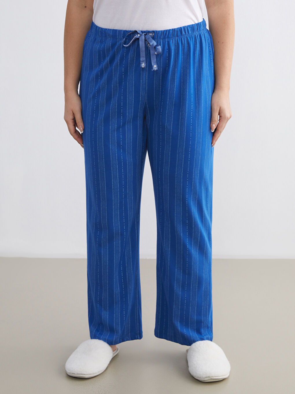 Mavi Büyük Beden Beli Lastikli Çizgili Kadın Pijama Alt-5