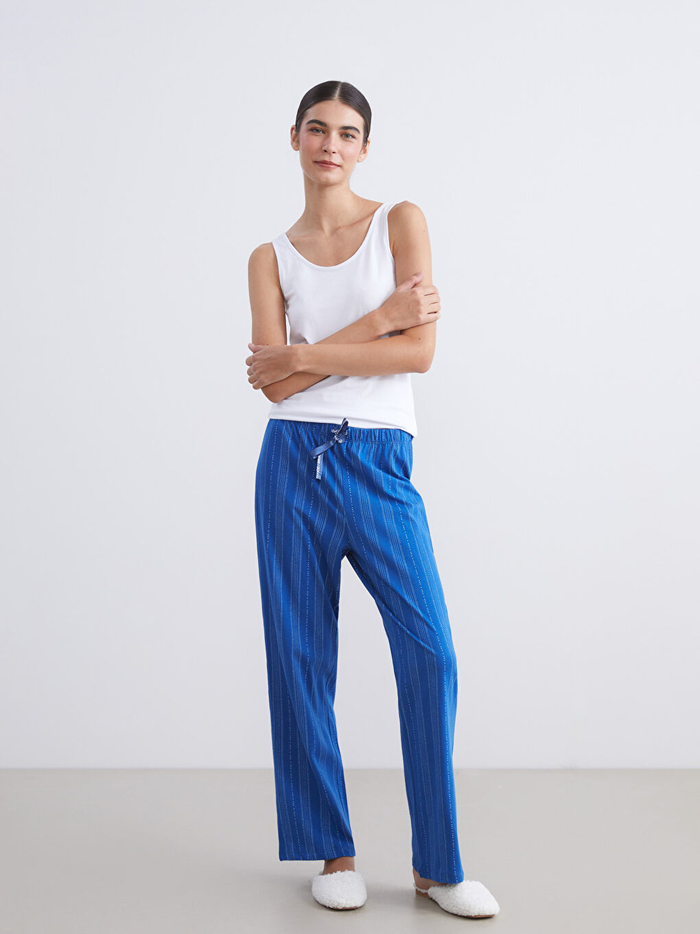 Mavi Büyük Beden Beli Lastikli Çizgili Kadın Pijama Alt