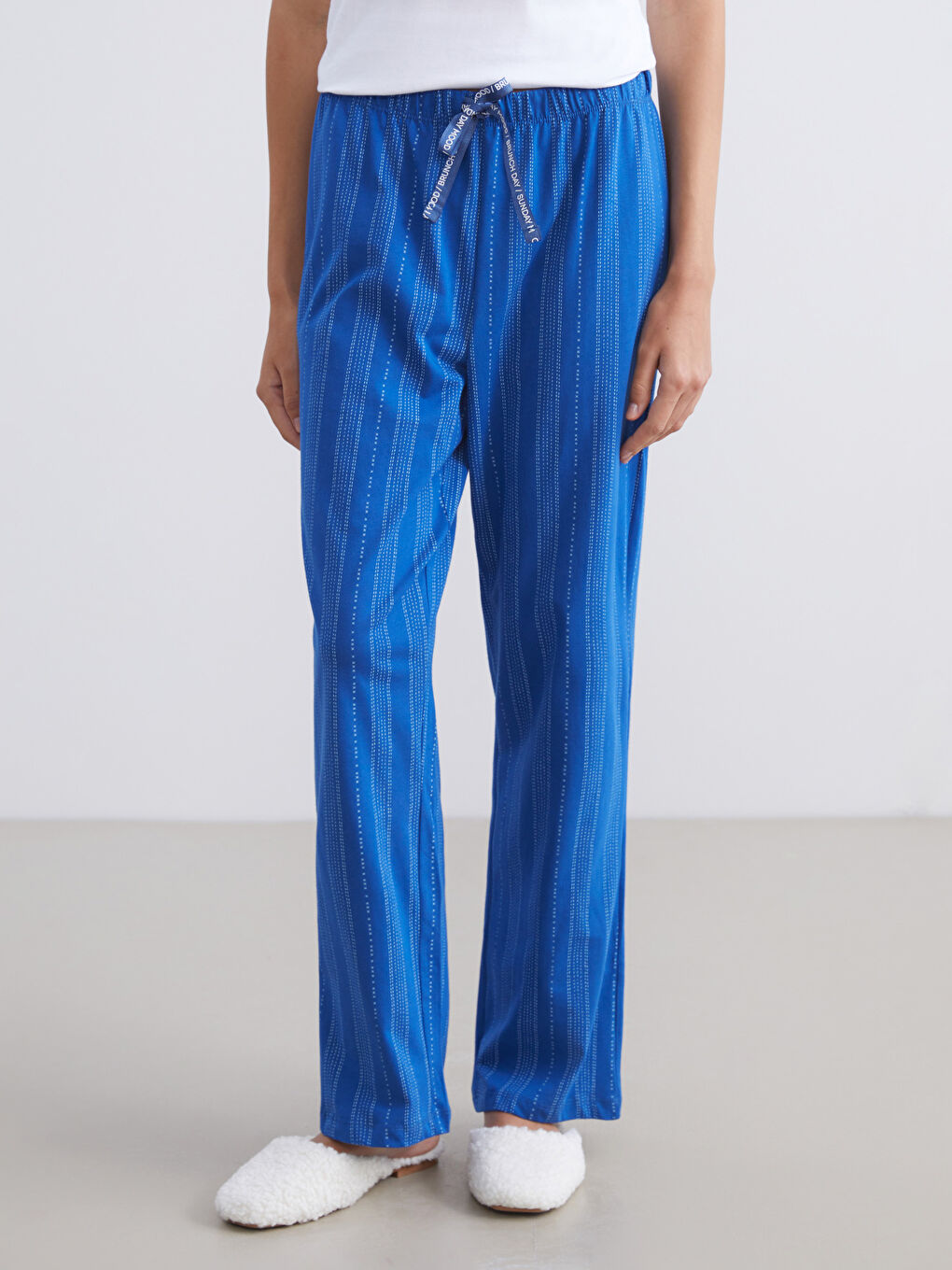 Mavi Büyük Beden Beli Lastikli Çizgili Kadın Pijama Alt-2