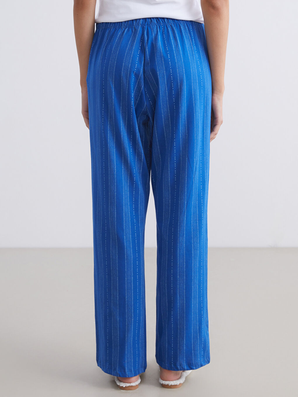 Mavi Büyük Beden Beli Lastikli Çizgili Kadın Pijama Alt-4