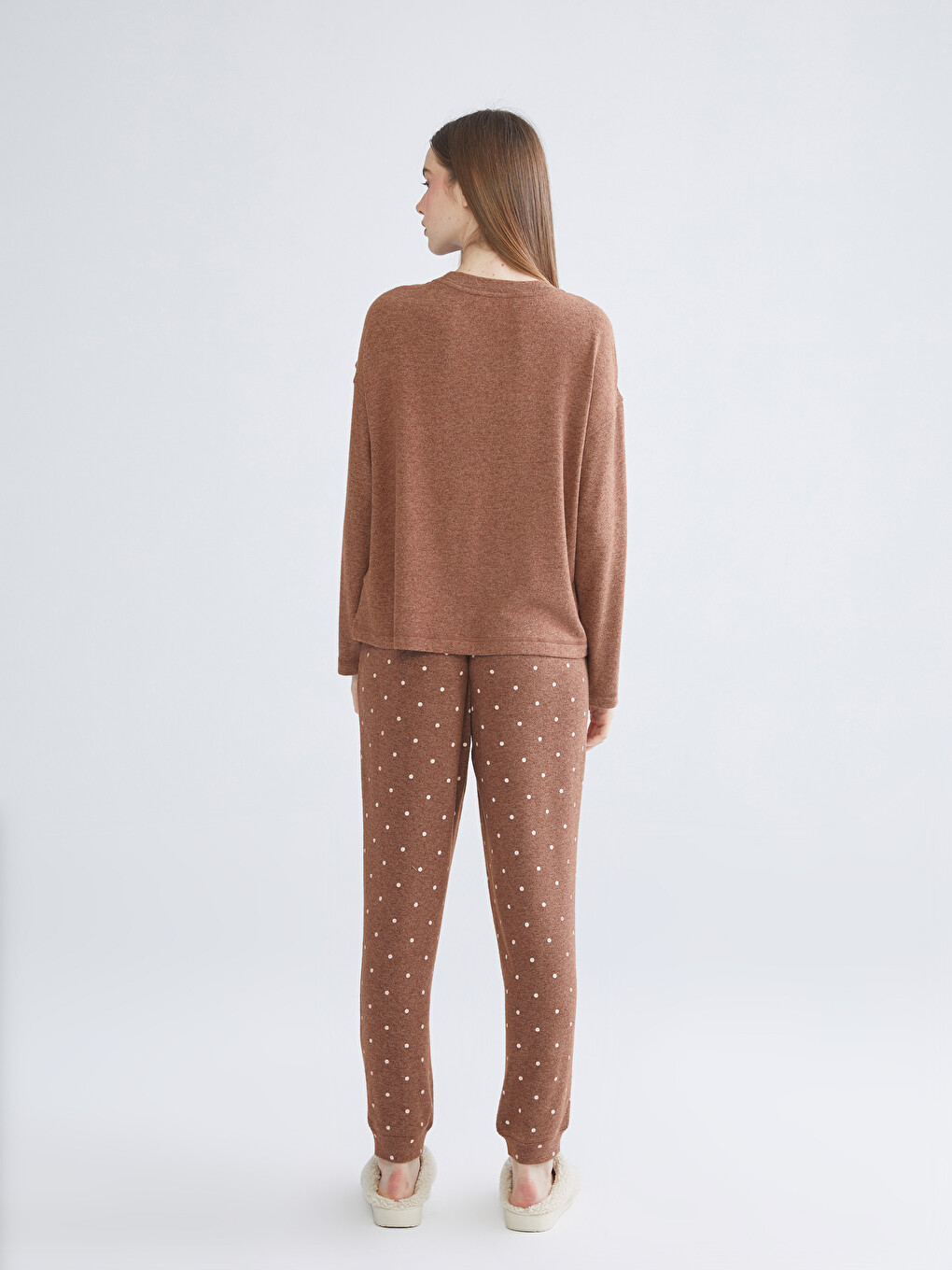 Kahverengi Bisiklet Yaka Baskılı Kadın Pijama Üstü-3