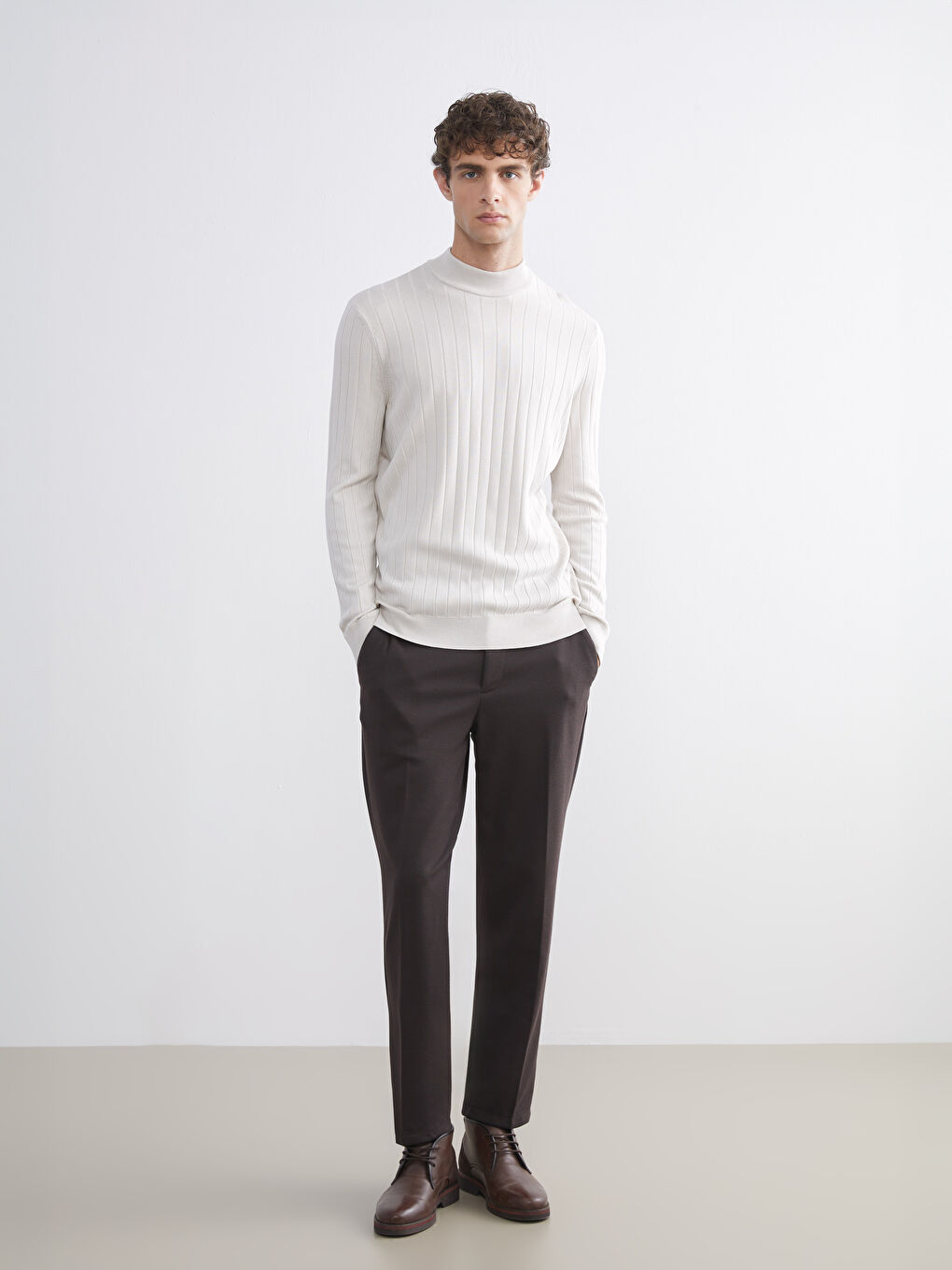 Bej Yarım Balıkçı Yaka Erkek Triko Kazak-1