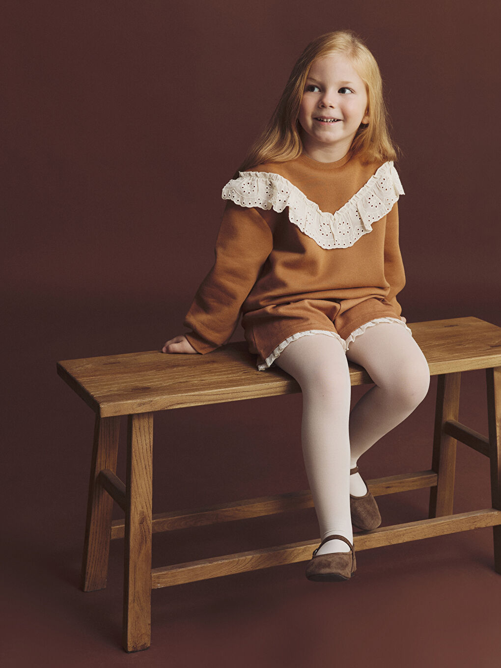 Kahverengi Beli Lastikli Kız Çocuk Şort ve Külotlu Çorap 2'li Takım-1