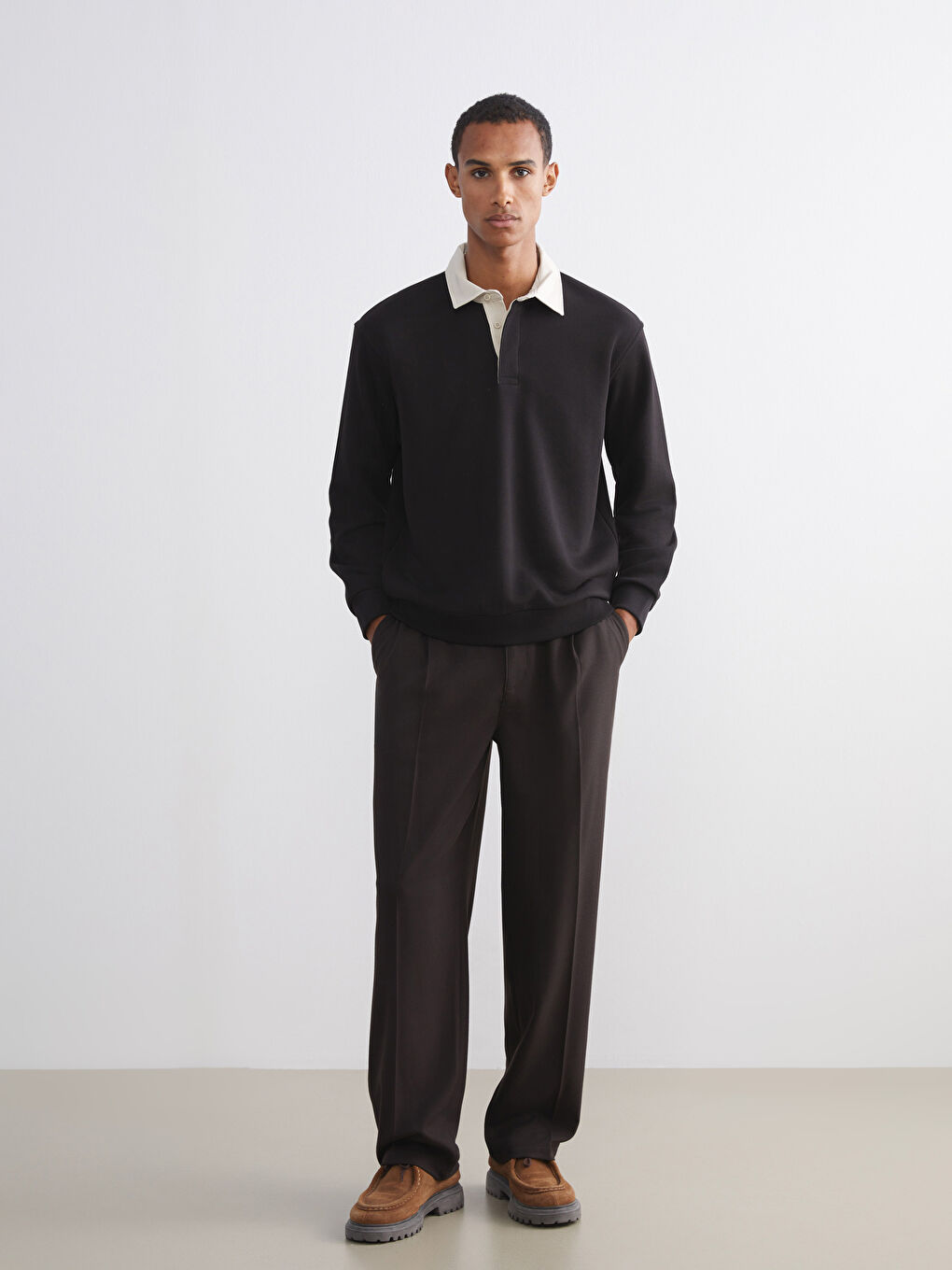 Kahverengi Kontrast Polo Yakalı Erkek Sweatshirt-1