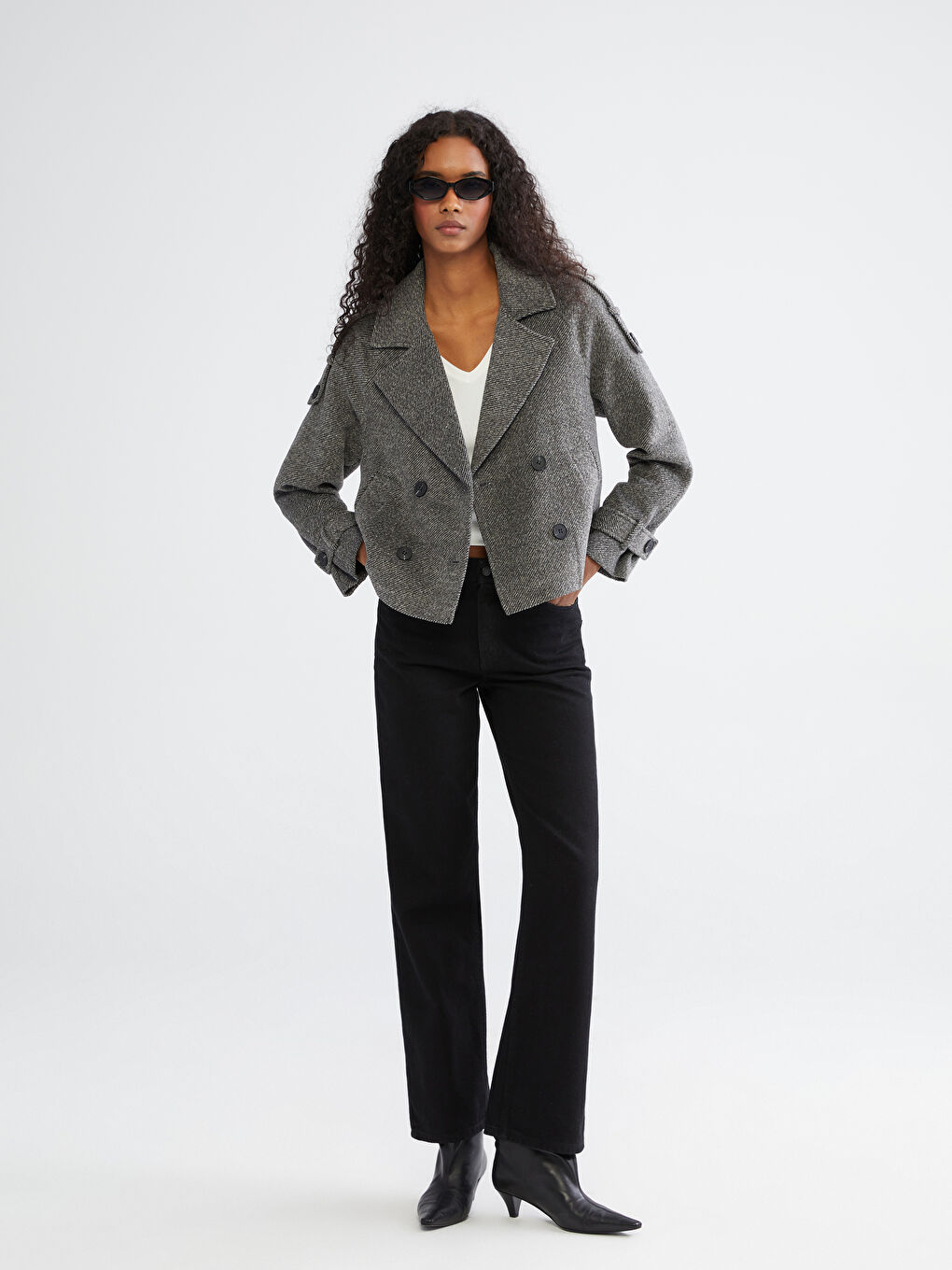 Gri Kruvaze Yaka Desenli Kadın Kaşe Ceket-1