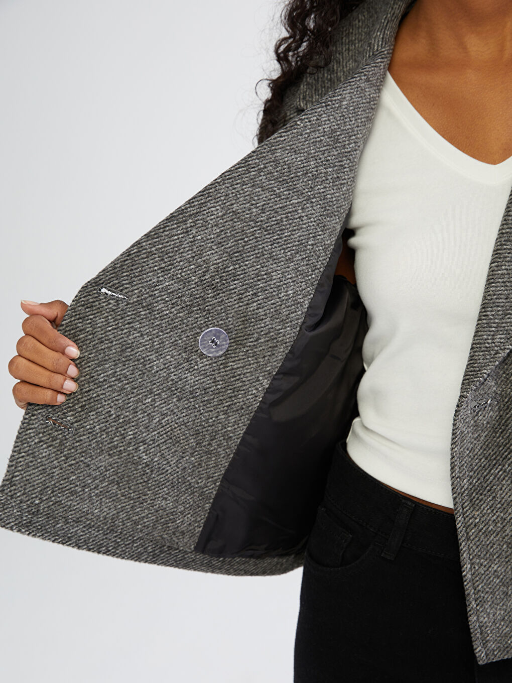 Gri Kruvaze Yaka Desenli Kadın Kaşe Ceket-3