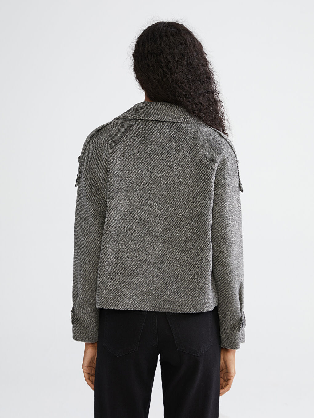 Gri Kruvaze Yaka Desenli Kadın Kaşe Ceket-4