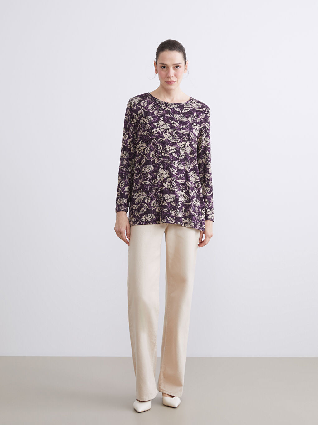 Mor Bisiklet Yaka Desenli Bluz-1