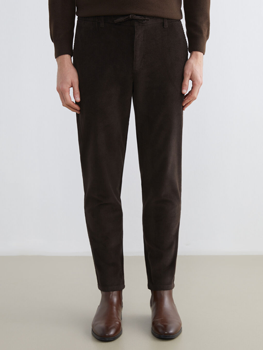 Kahverengi Standart Kalıp Kadife Erkek Pantolon-1