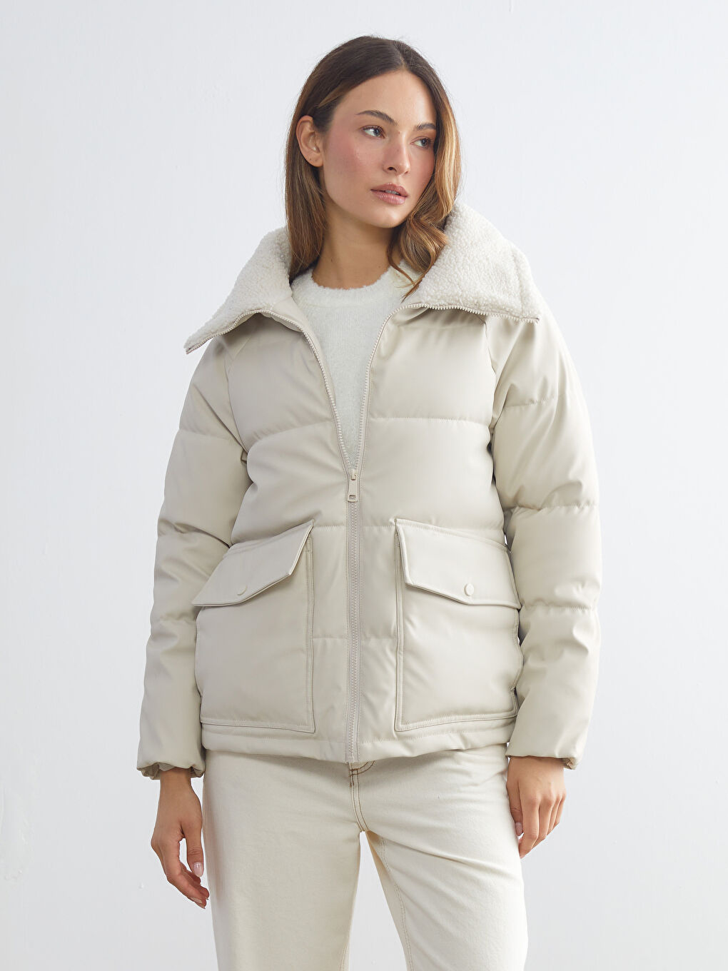 Woman ECRU Faux Leather Coat