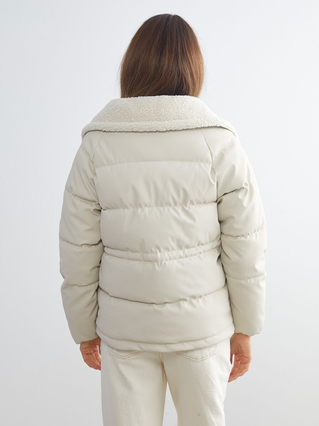 Woman ECRU Faux Leather Coat-4