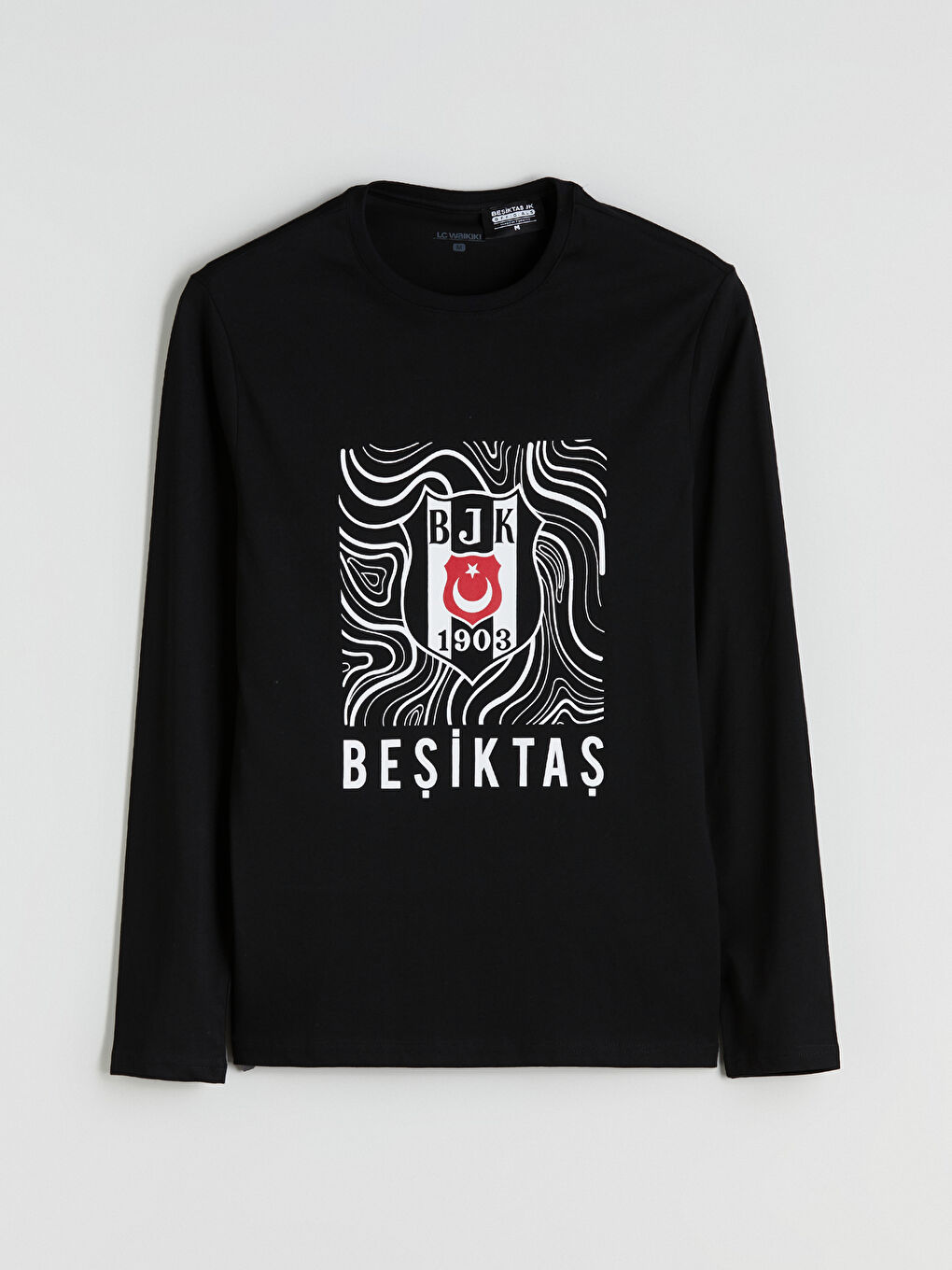 Siyah Bisiklet Yaka Uzun Kollu Beşiktaş Baskılı Erkek Pijama Üst