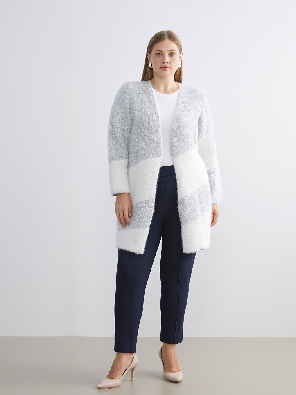 Gri Şal Yaka Renk Bloklu Kadın Triko Hırka-5