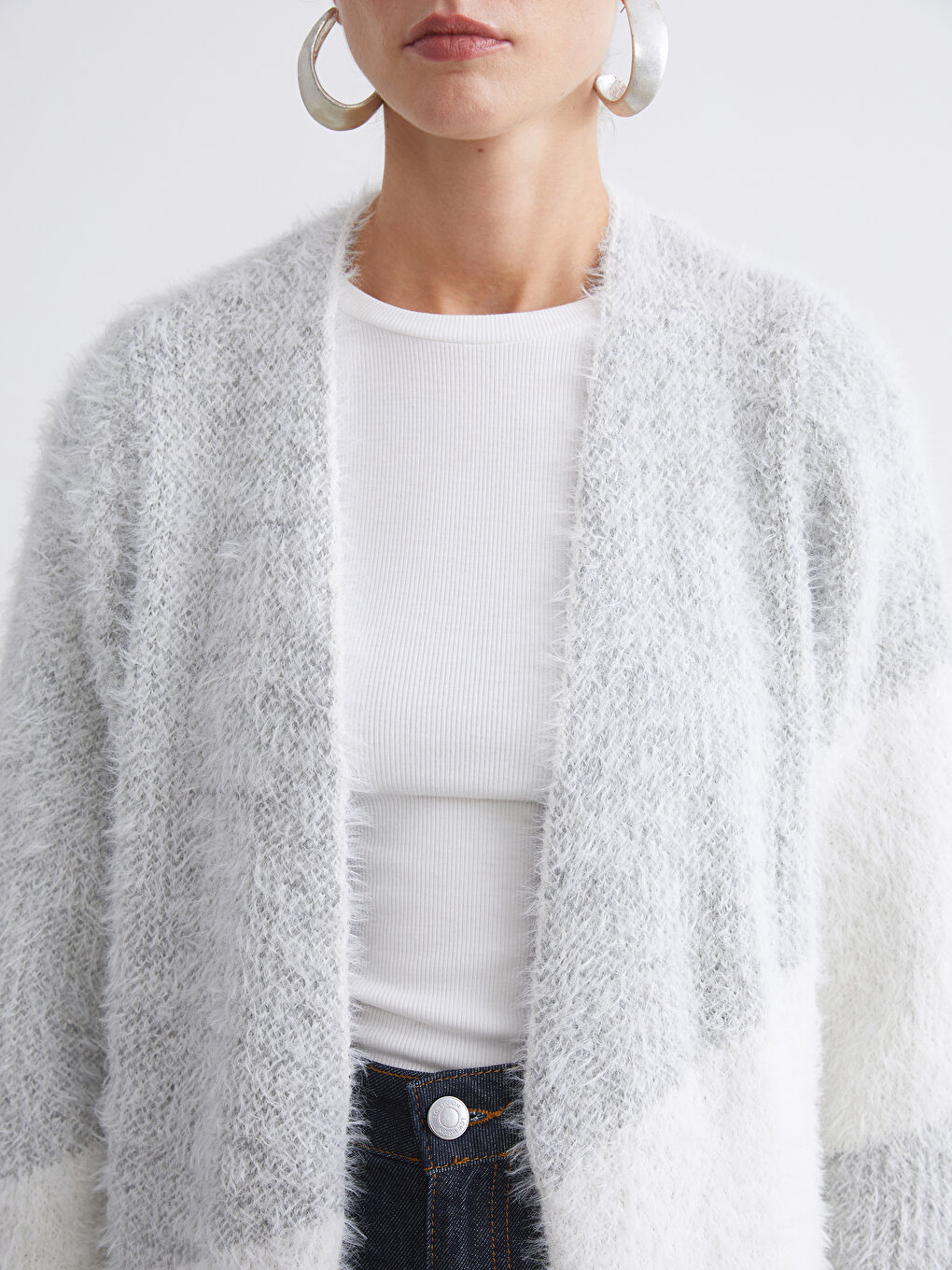 Gri Şal Yaka Renk Bloklu Kadın Triko Hırka-3