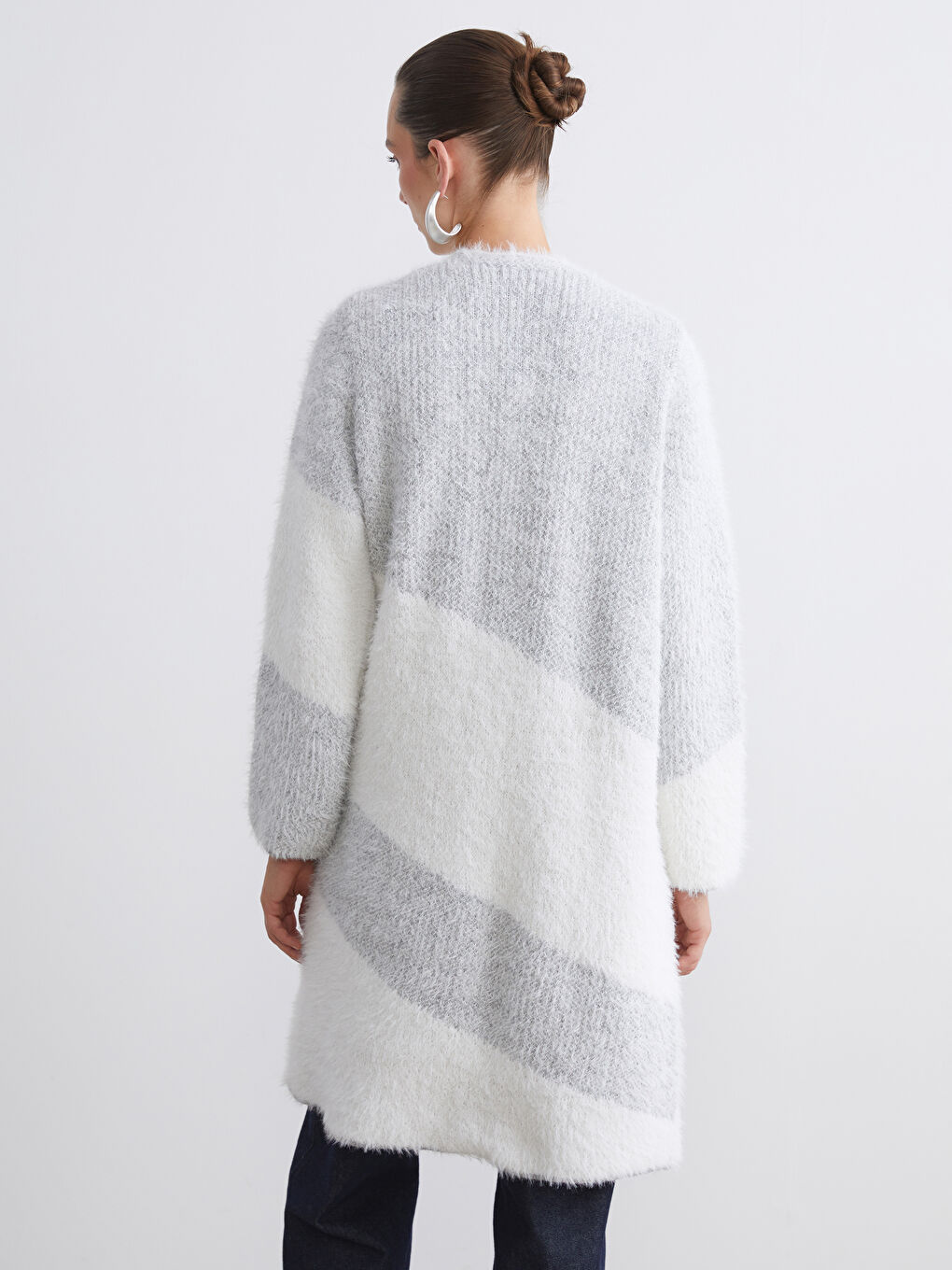 Gri Şal Yaka Renk Bloklu Kadın Triko Hırka-4