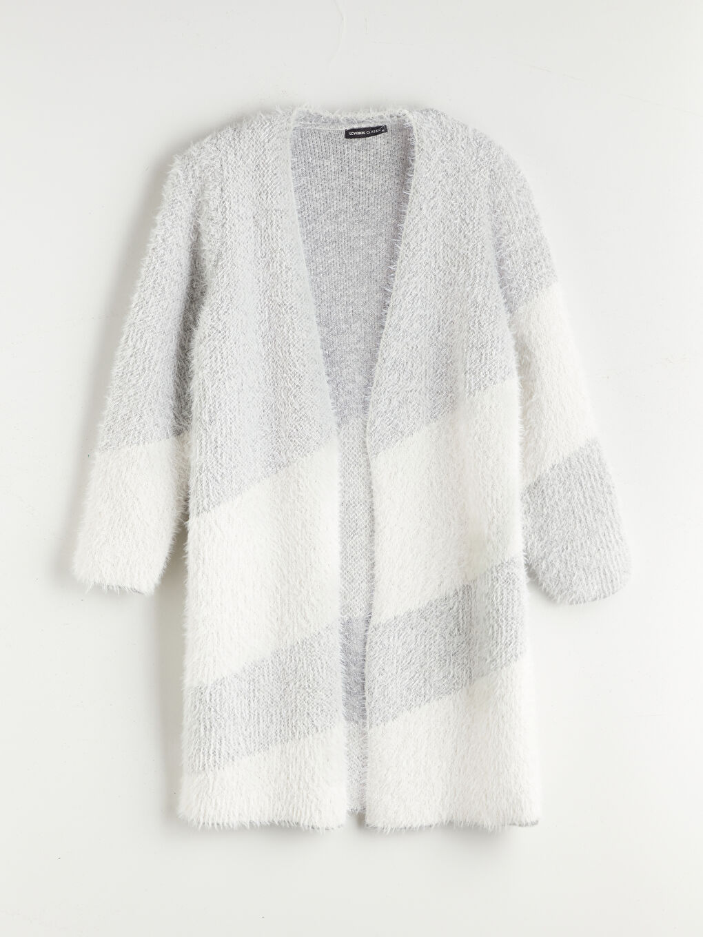 Gri Şal Yaka Renk Bloklu Kadın Triko Hırka-6