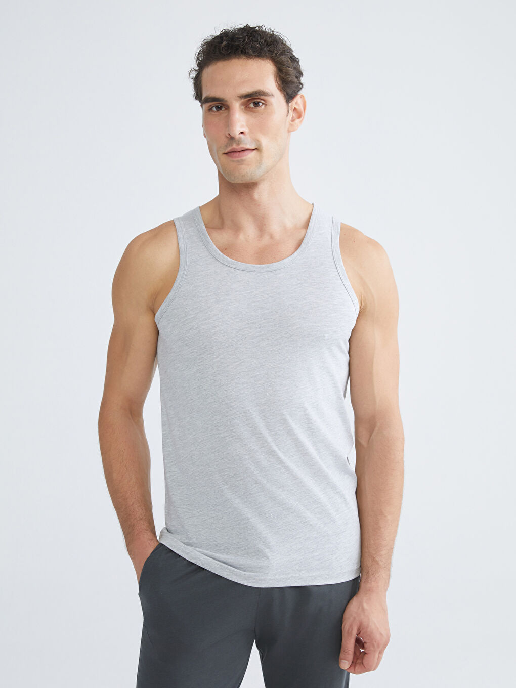 Gri Bisiklet Yaka Pamuklu Erkek Atlet 3'lü Paket-3