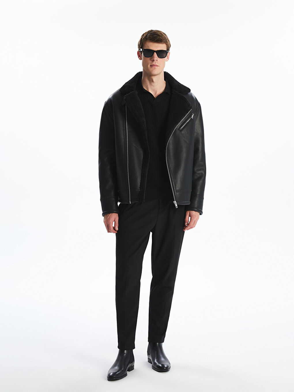 Ерлерге арналған тар пішім жүн жағалы былғарыға ұқсас күртке-1