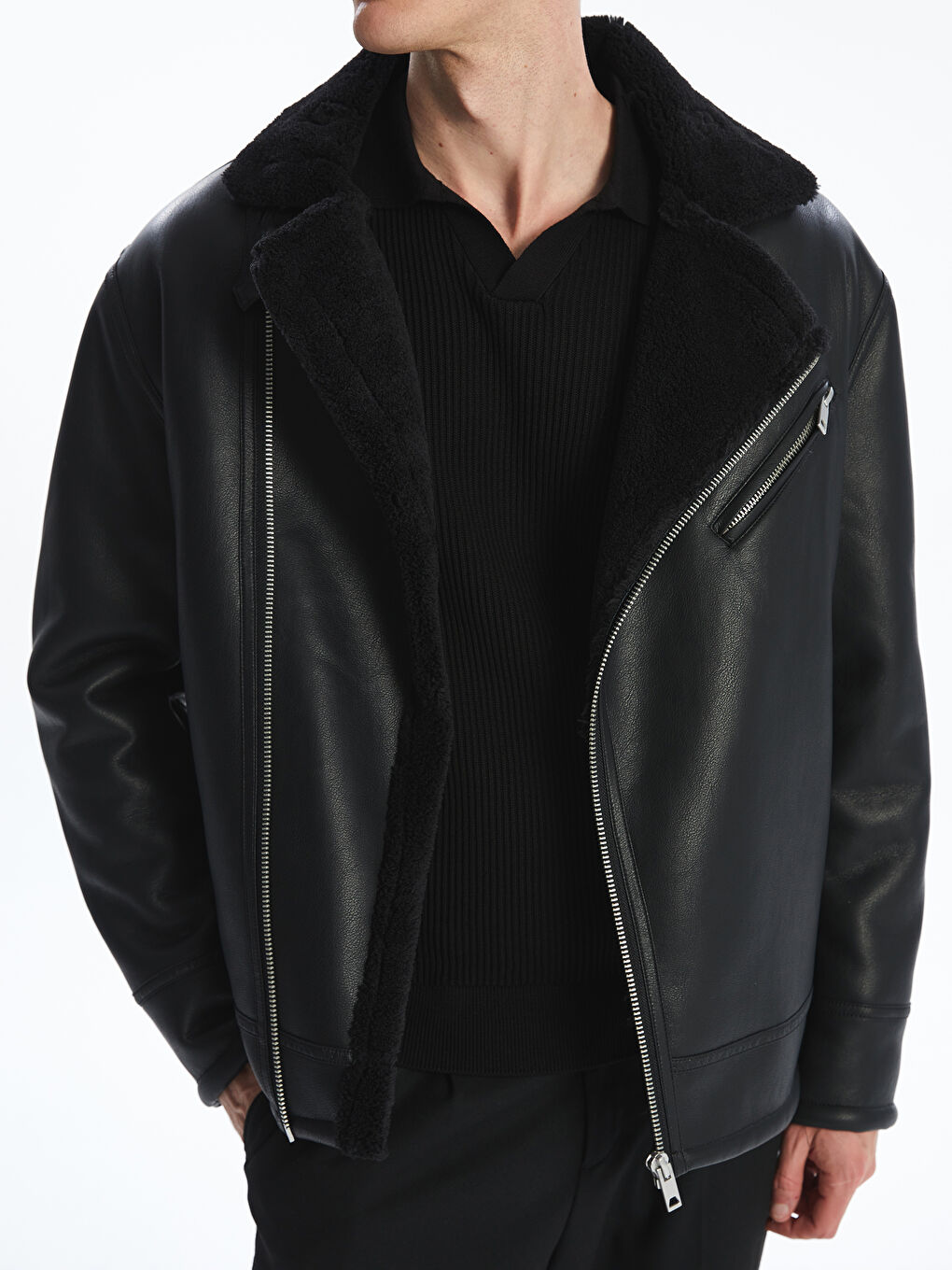 Ерлерге арналған тар пішім жүн жағалы былғарыға ұқсас күртке-2