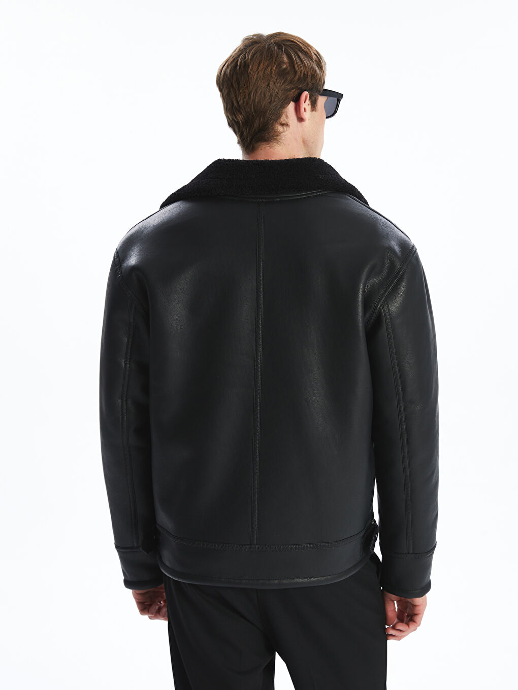 Ерлерге арналған тар пішім жүн жағалы былғарыға ұқсас күртке-4