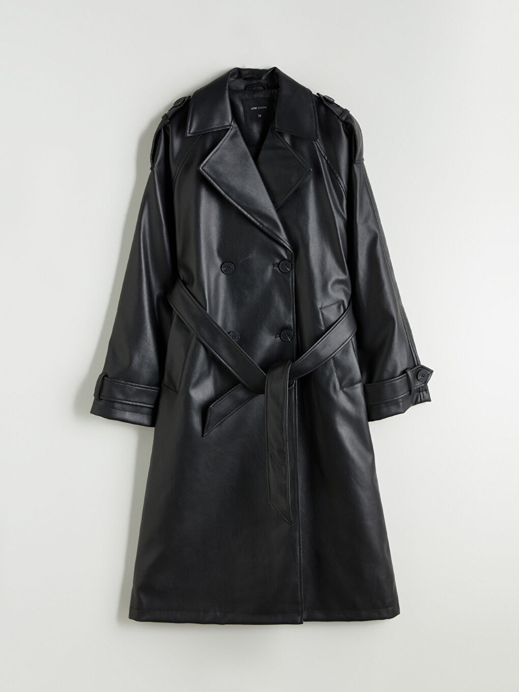 Siyah Kruvaze Yaka Deri Görünümlü Kadın Trençkot-5