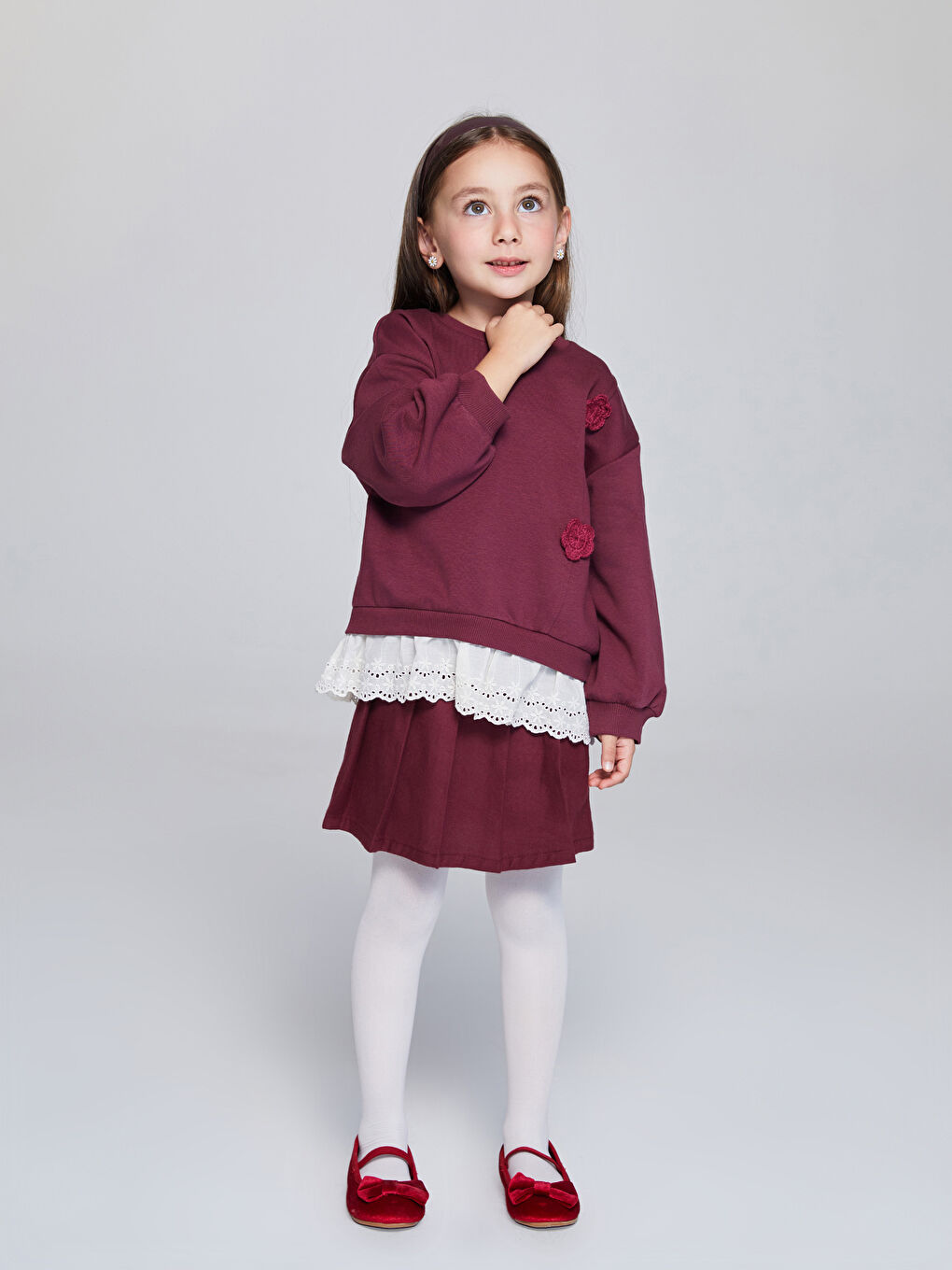 Bordo Beli Lastikli Kız Çocuk Pileli Etek ve Külotlu Çorap 2'li