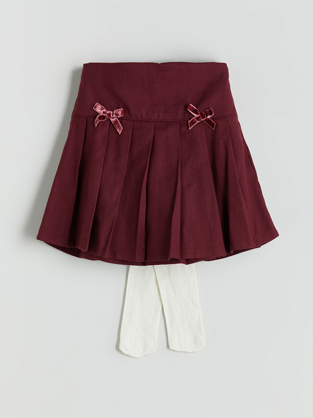 Bordo Beli Lastikli Kız Çocuk Pileli Etek ve Külotlu Çorap 2'li-2