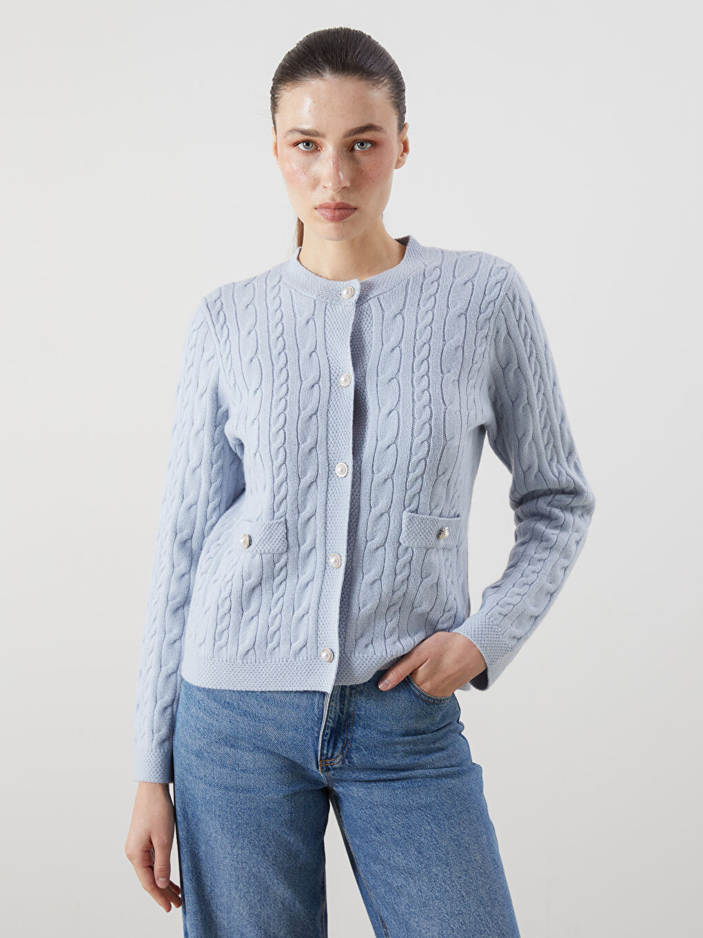 LCWAIKIKI Classic Crew Neck Self Patterned Long Sleeve Women's Tricot Cardigan -W5BN12Z8-CUN