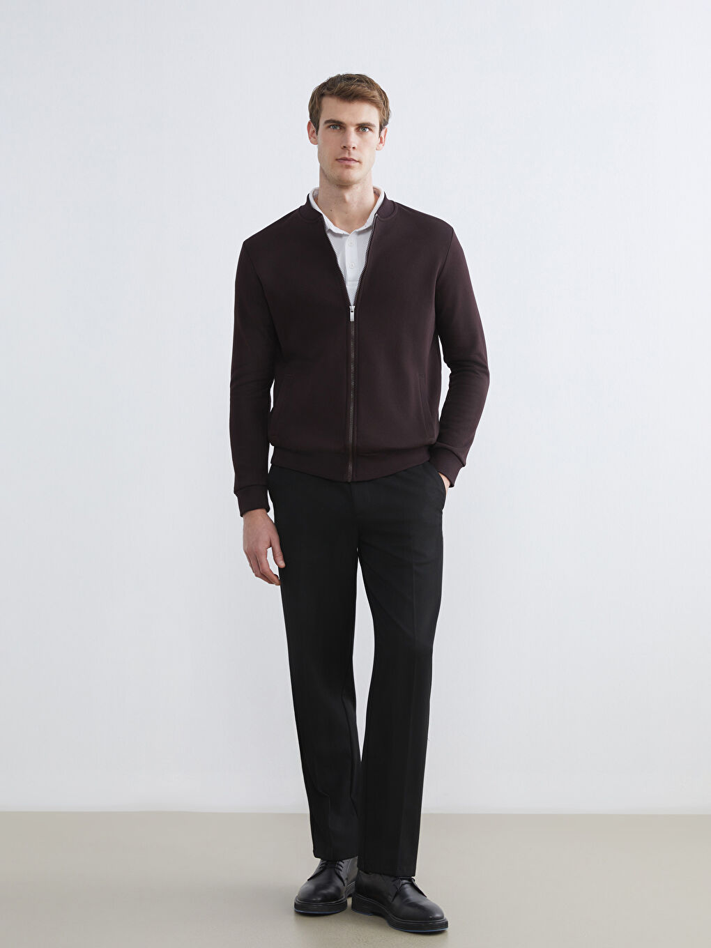 Kahverengi Kolej Yaka Erkek Kalın Fermuarlı Sweatshirt-1