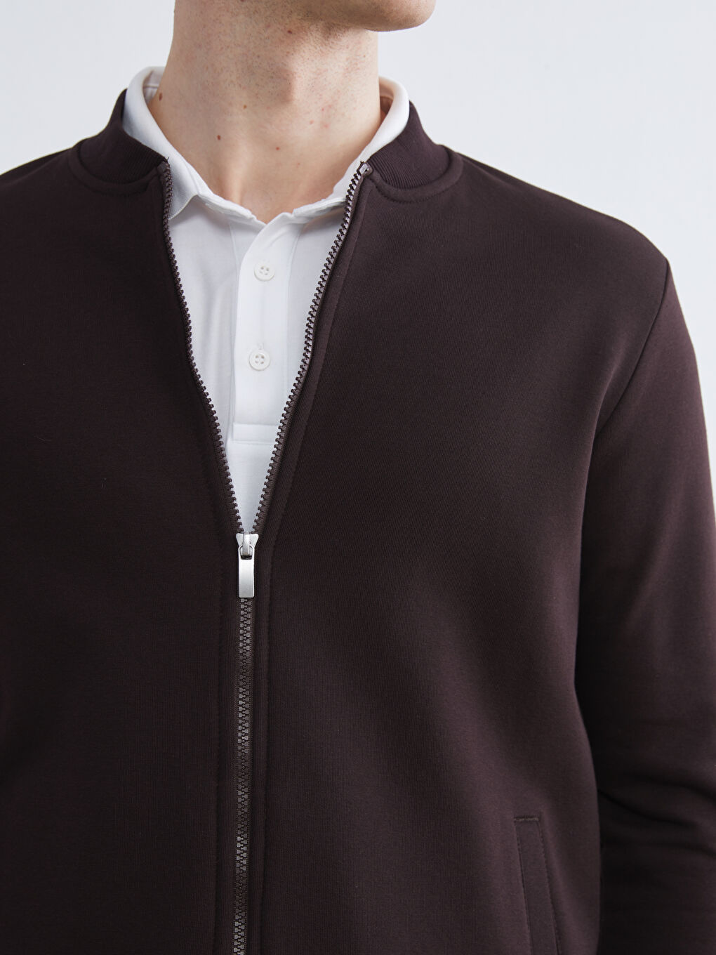 Kahverengi Kolej Yaka Erkek Kalın Fermuarlı Sweatshirt-2