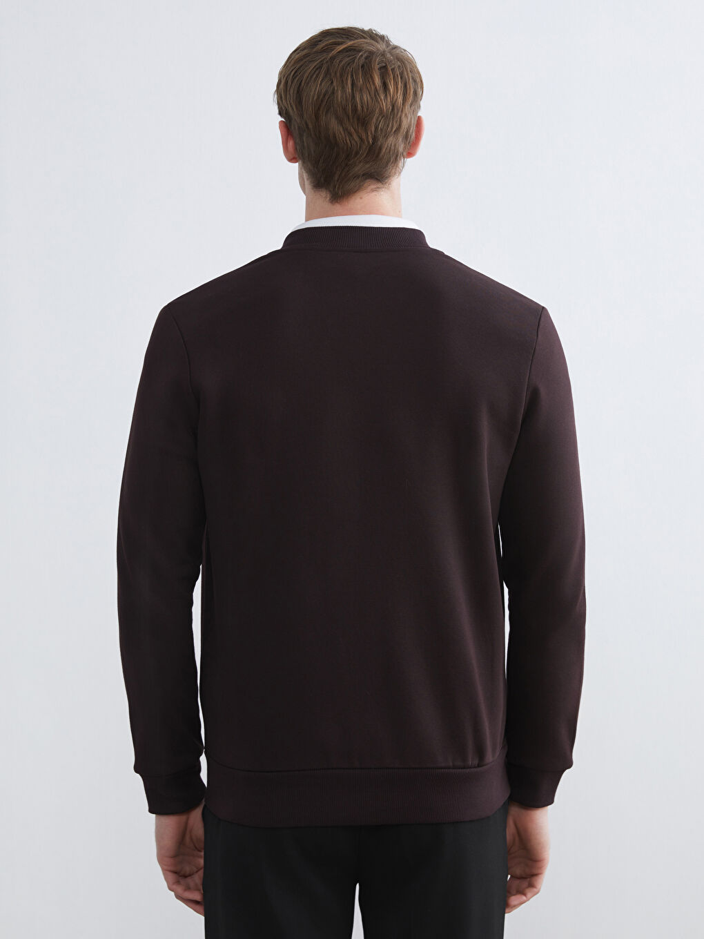 Kahverengi Kolej Yaka Erkek Kalın Fermuarlı Sweatshirt-3