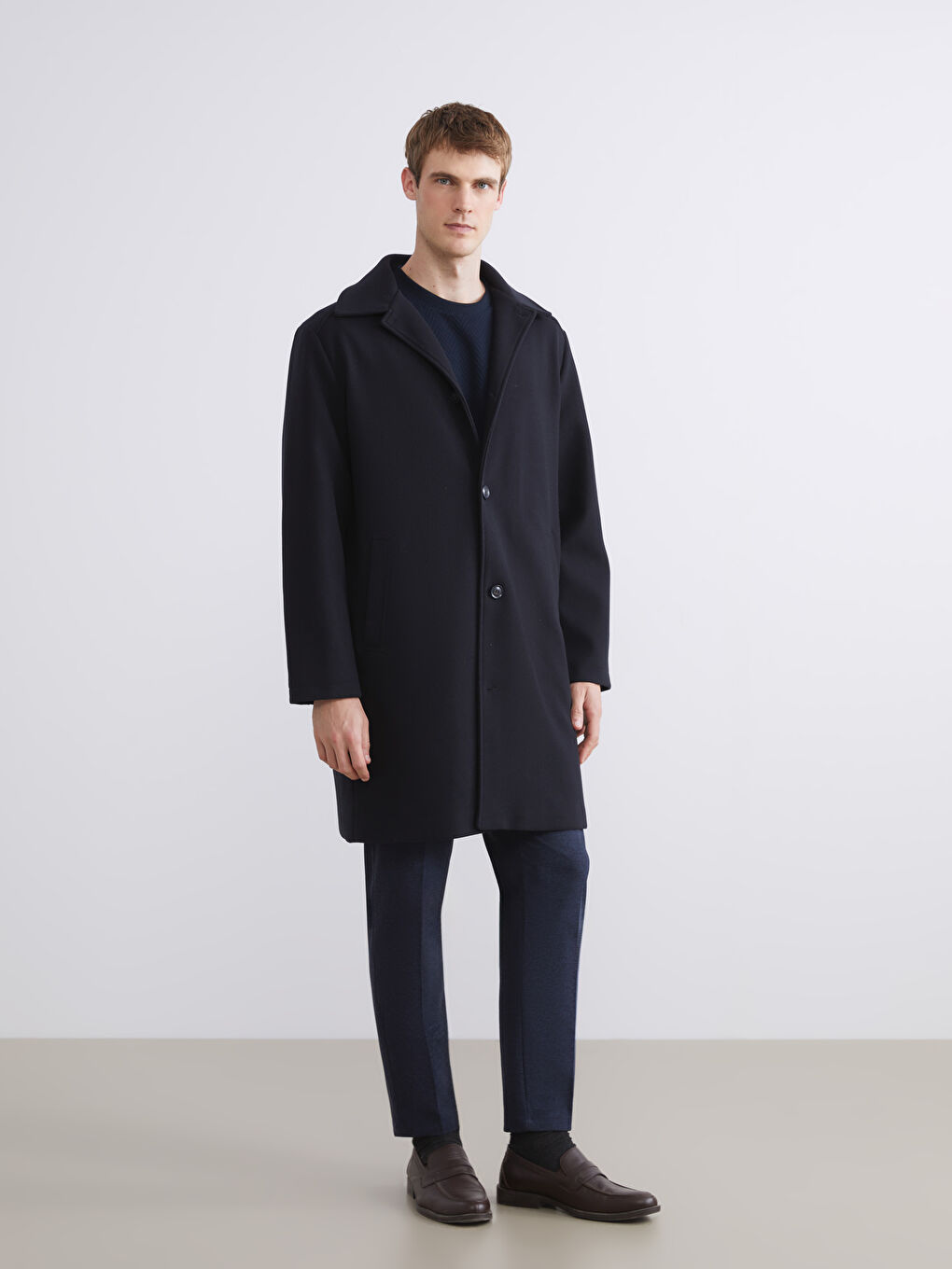 Lacivert Standart Kalıp Erkek Kaşe Kaban-1