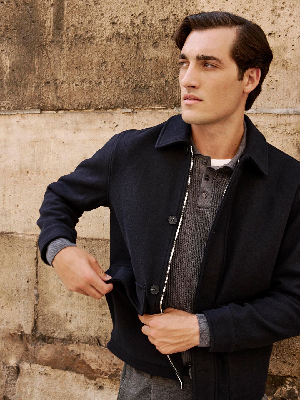 Lacivert Standart Kalıp Gömlek Yaka Erkek Kaşe Mont-3