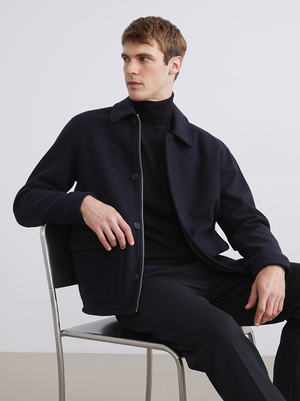 Lacivert Standart Kalıp Gömlek Yaka Erkek Kaşe Mont-1