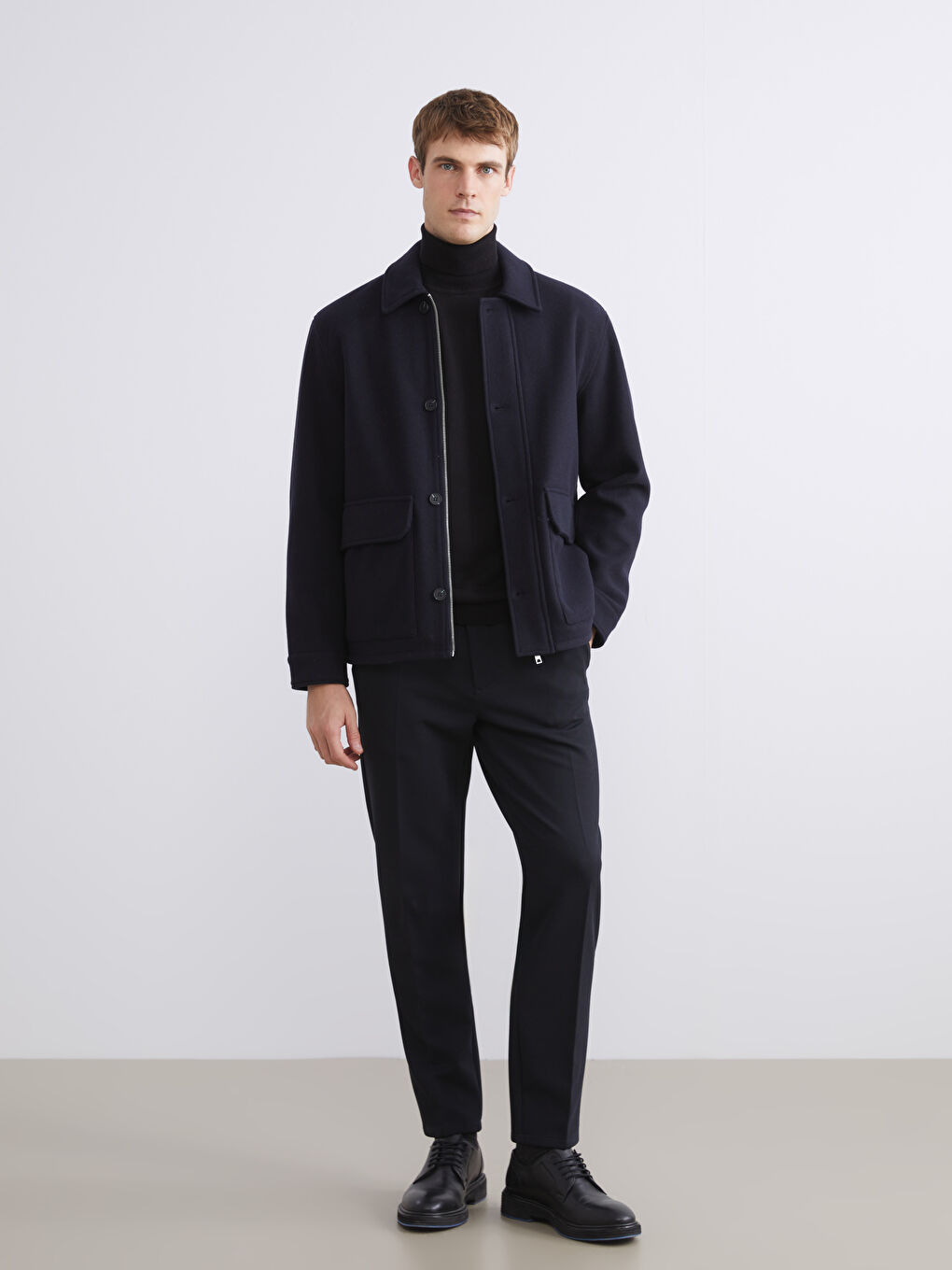 Lacivert Standart Kalıp Gömlek Yaka Erkek Kaşe Mont-2