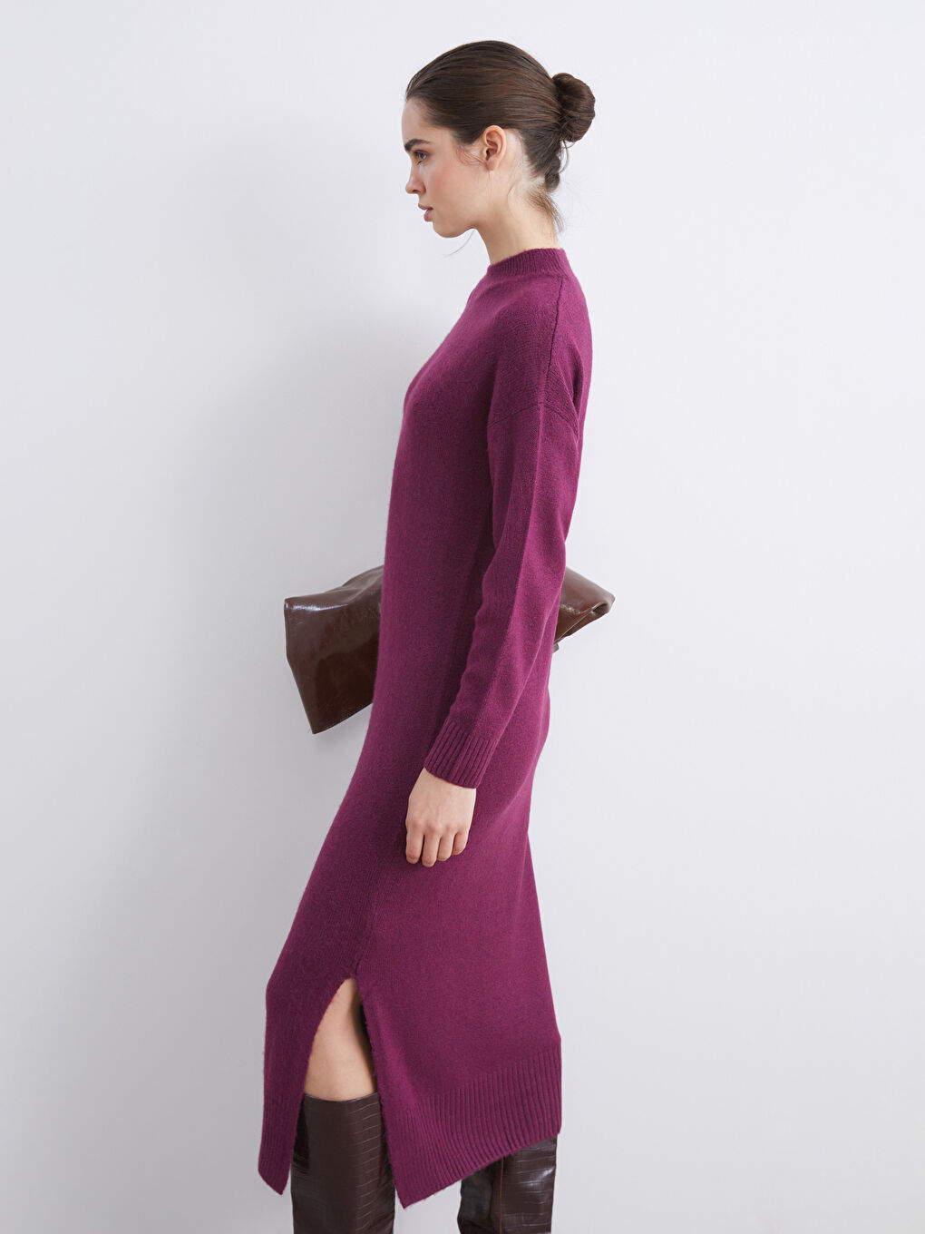 Funnel Neck Slit Detail Knitwear Dress