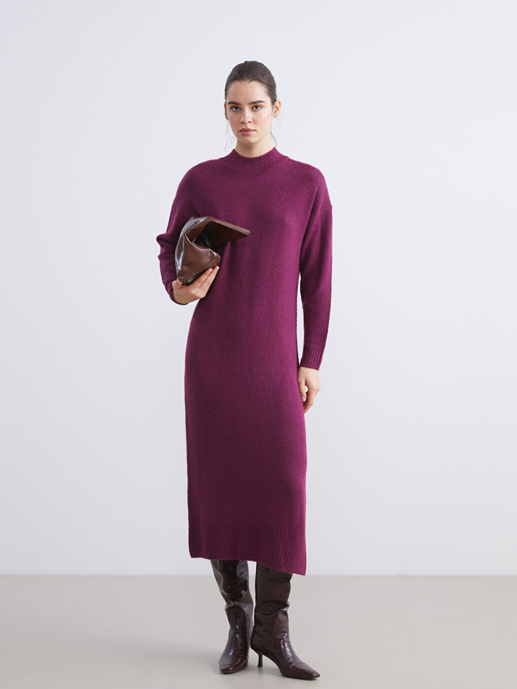 Funnel Neck Slit Detail Knitwear Dress-1
