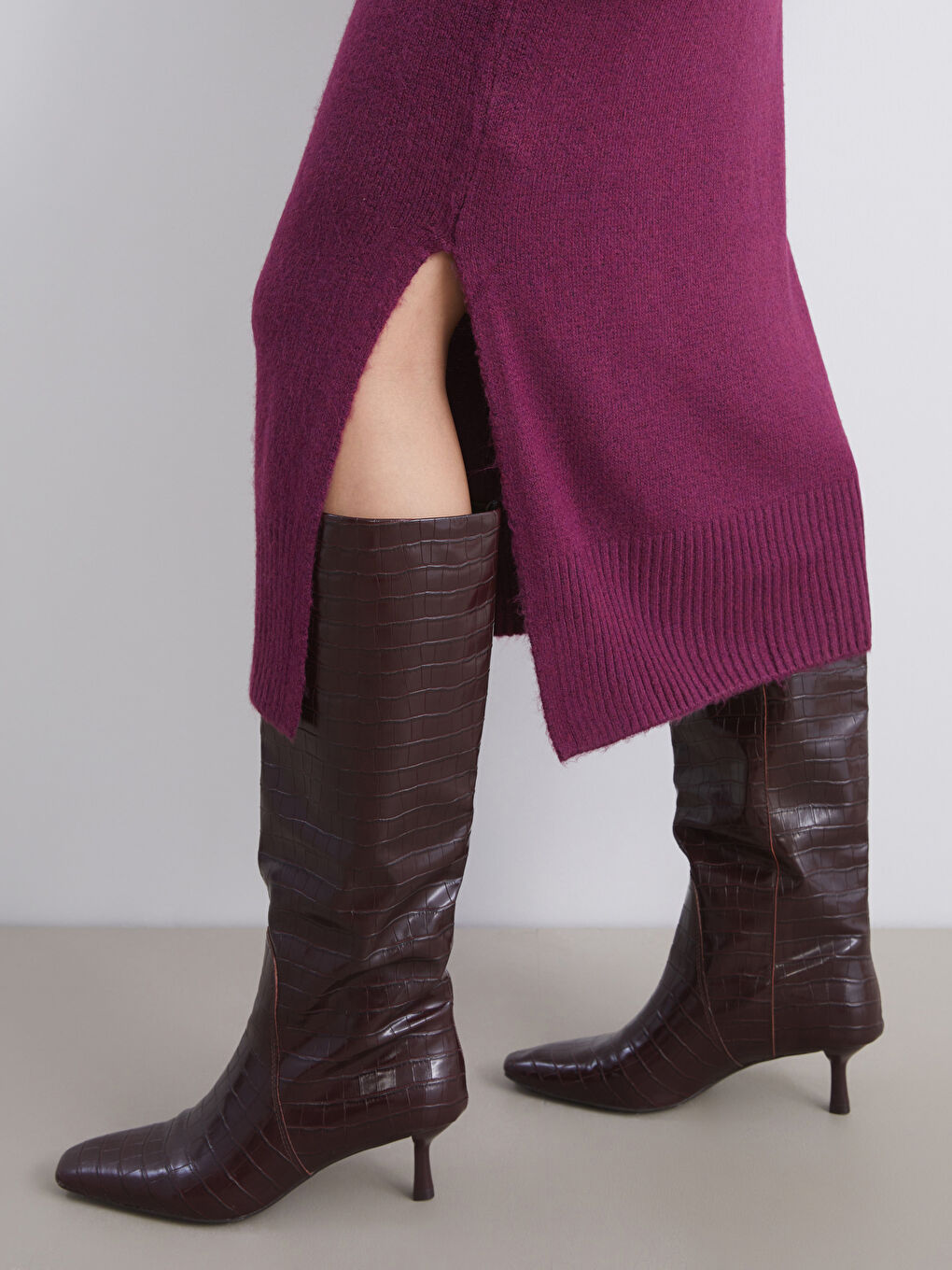 Funnel Neck Slit Detail Knitwear Dress-2