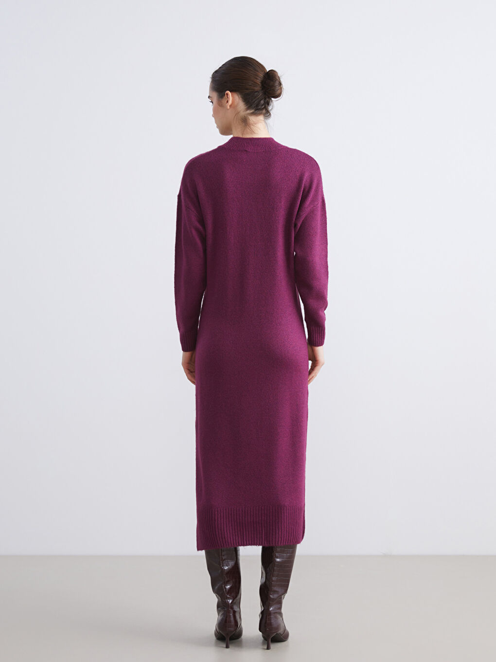 Funnel Neck Slit Detail Knitwear Dress-3