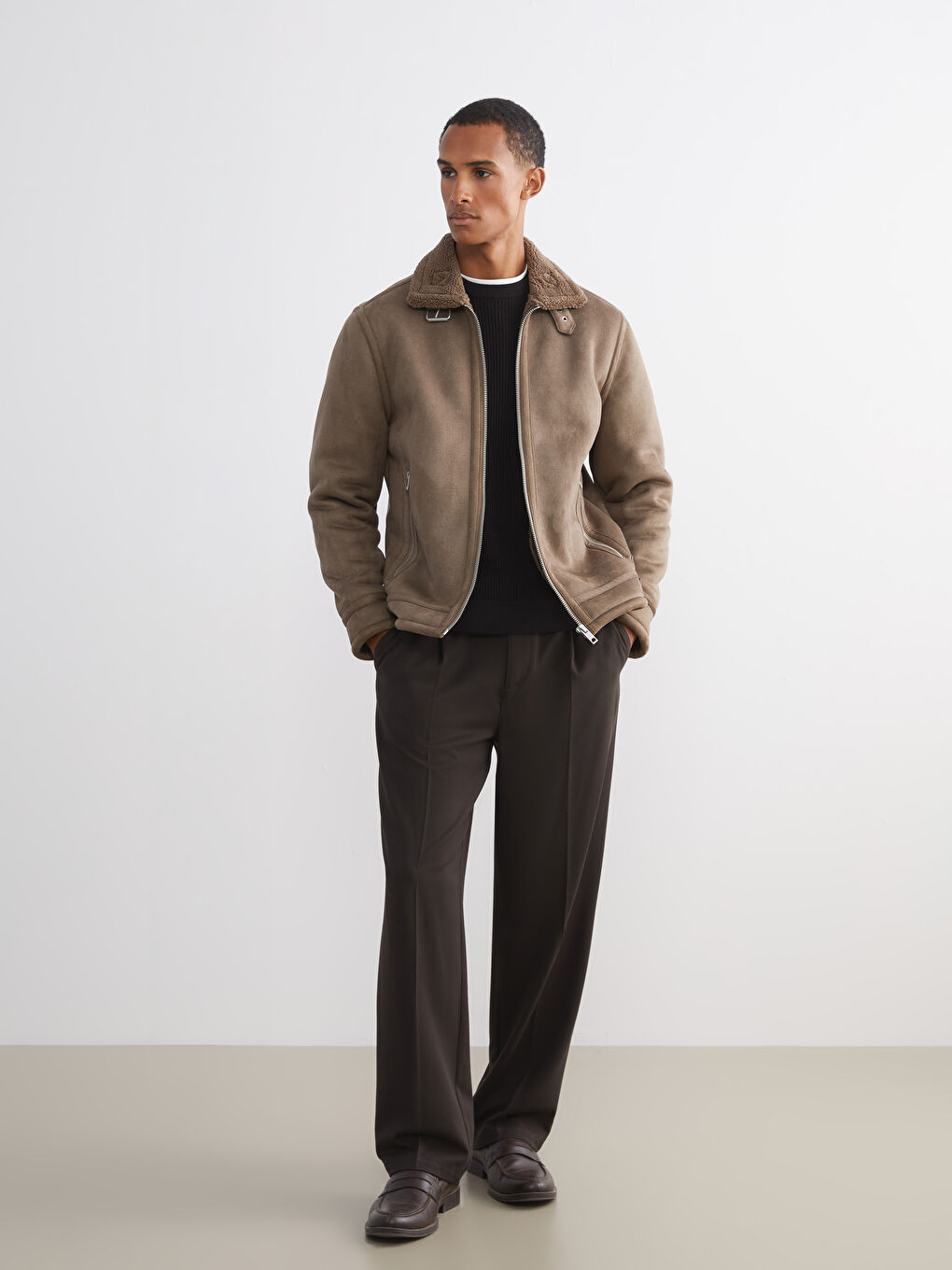 Regular Fit Collared Neck Suede Men's Jacket-1